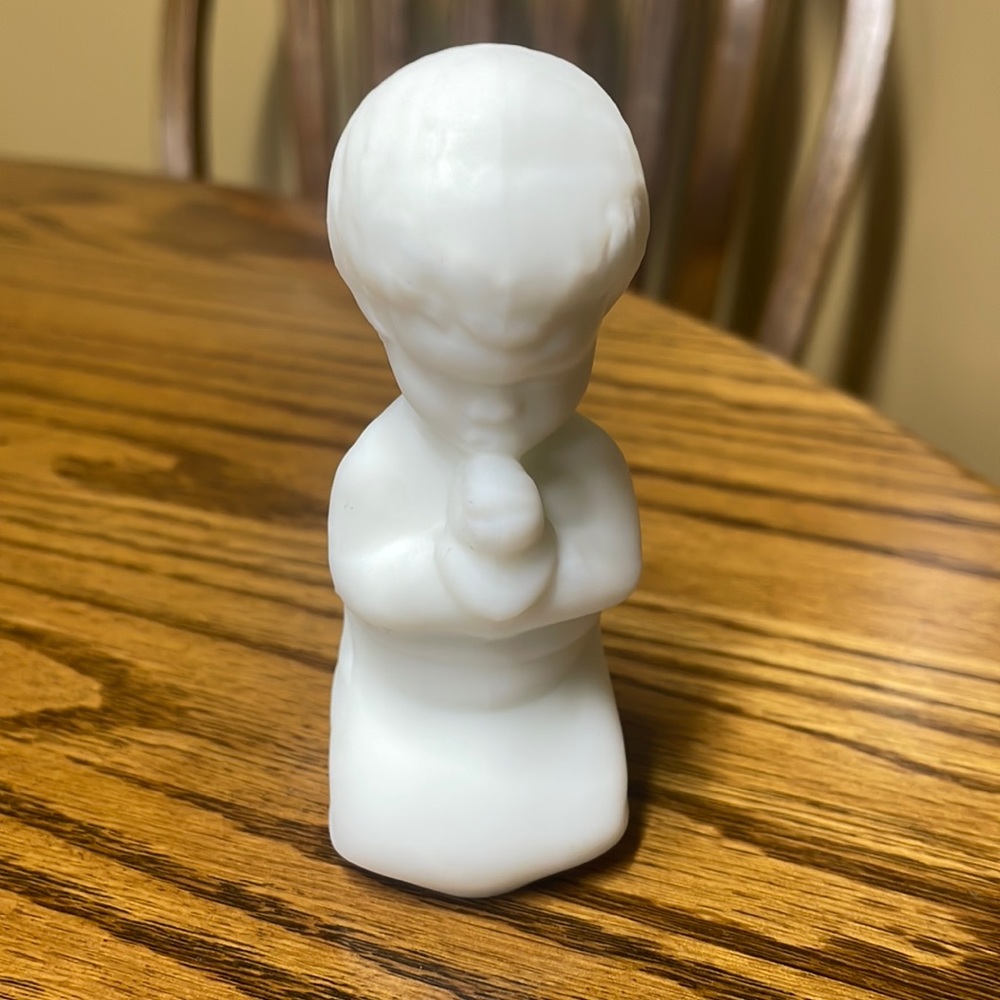Fenton Praying boy White satin Glass 4”